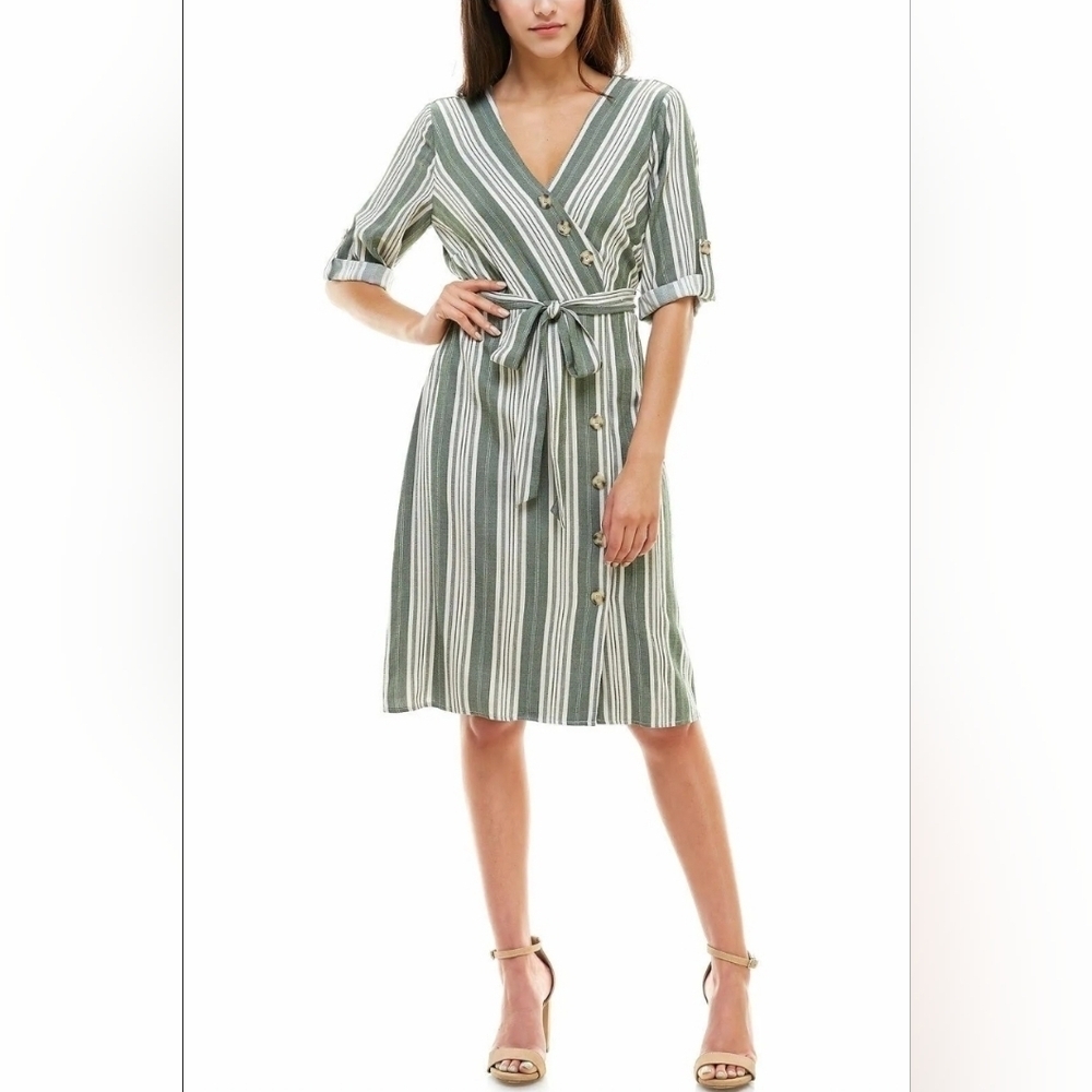 Luxology Olive and White Striped Wrap Dress Gentle Used Sz XL